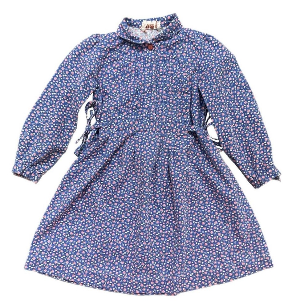 Quik-Quik Dress Blue Floral Vintage Long Sleeve Pintuck Side Tie Size 4